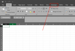 Screenshot of the excel 2019 ribbon, showing the developer tab.