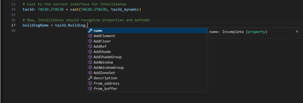 Screenshot of VSCode showing intellisense for python using the tas API.